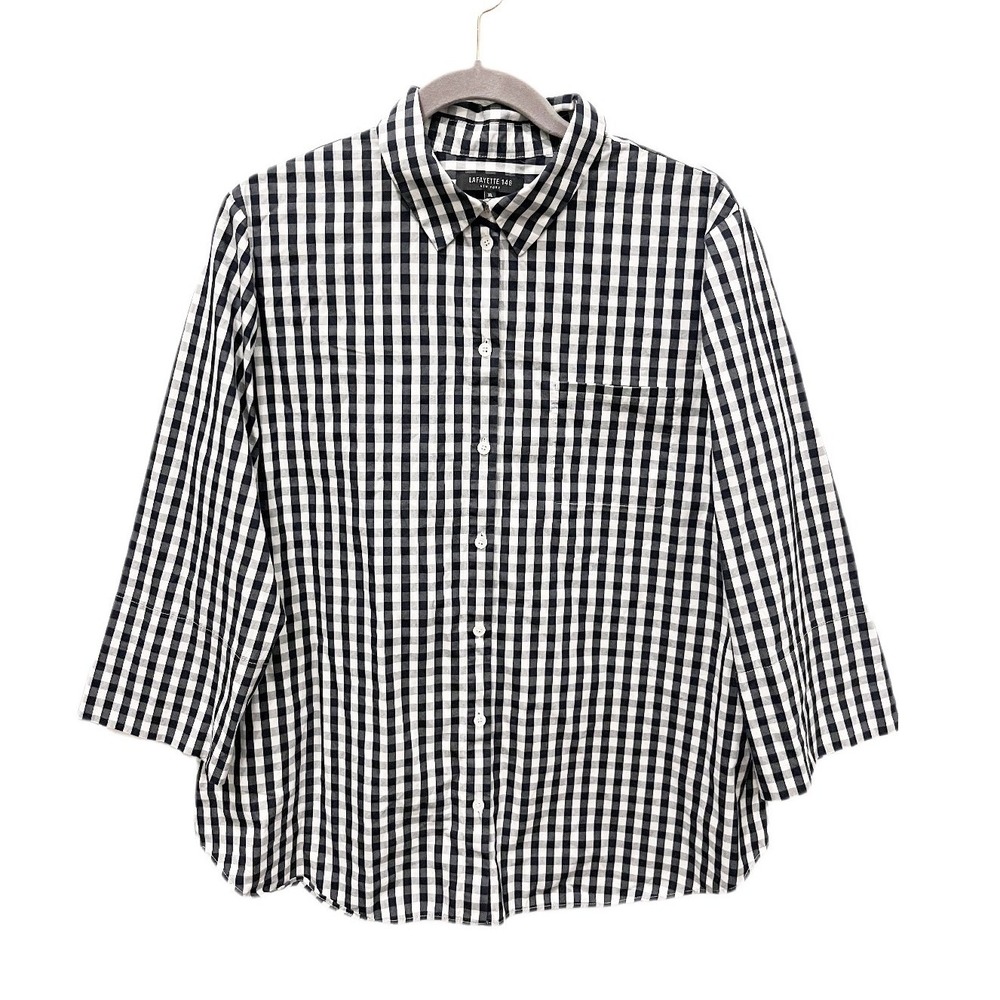Lafayette 148 Gingham Navy Blue Button Down Shirt Size XL Classic Office Preppy